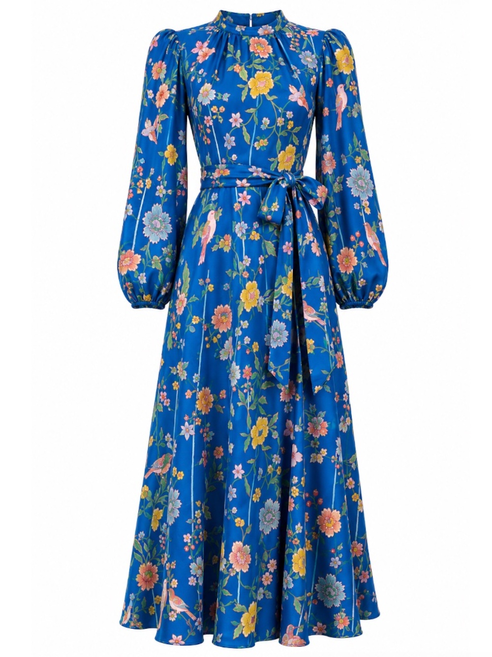 NWT Beulah Sonia Blouson Long Sleeve Dress in Bamboo Birds Bright Blue, US6/UK10